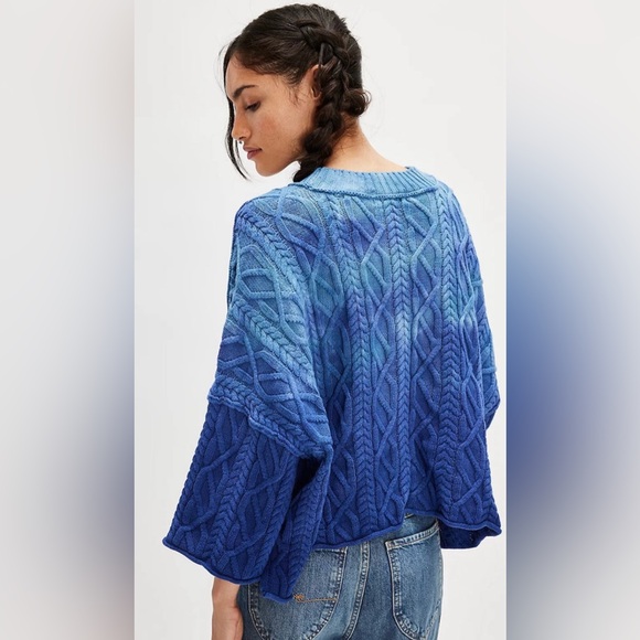 NWT FREE PEOPLE WASHED ASHORE CABLE KNIT SWEATER BELLWEATHER BLUE - Picture 2 of 2